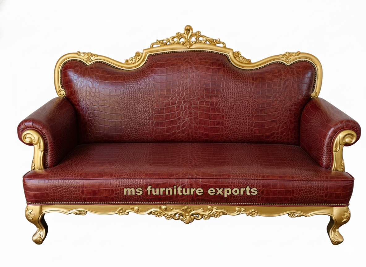 Bespoke Antique Gold Carved Crocodile Leather Sofa