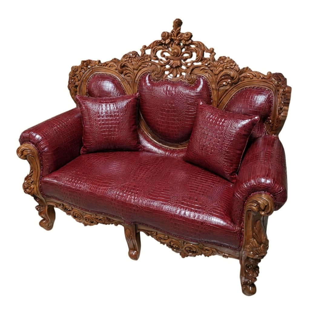 Bespoke Carved Teak Wood & Genuine Leather Sofa