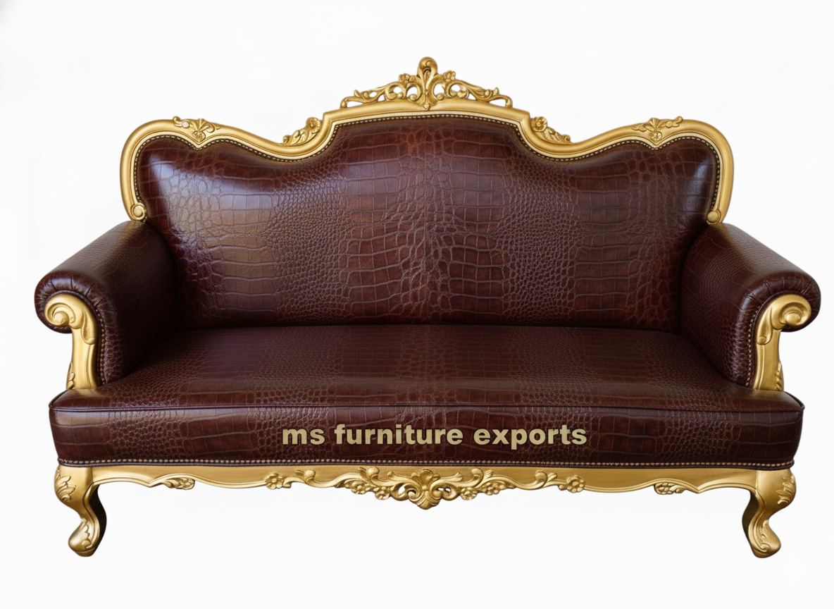 Bespoke Antique Gold Carved Crocodile Leather Sofa
