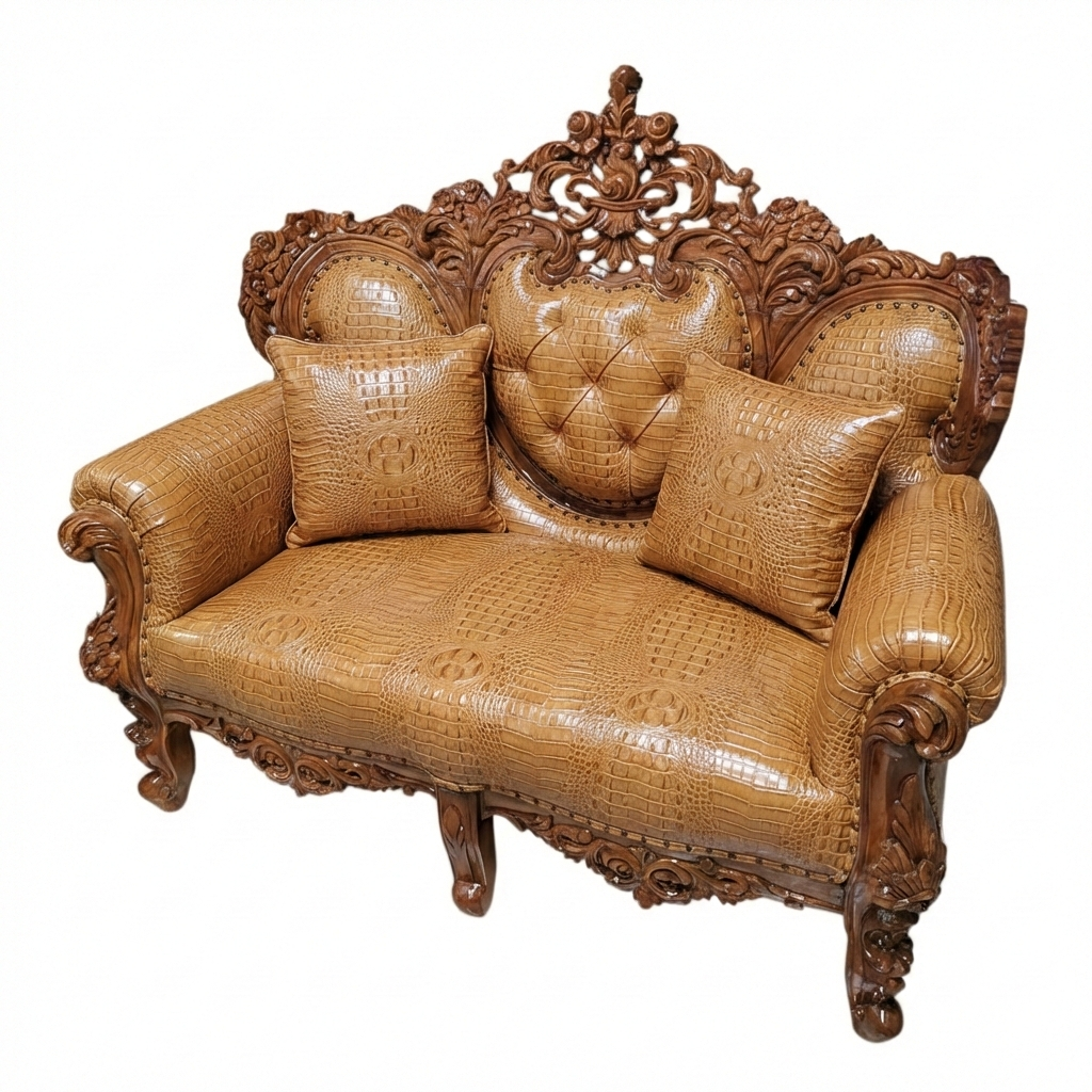 Bespoke Carved Teak Wood & Genuine Leather Sofa