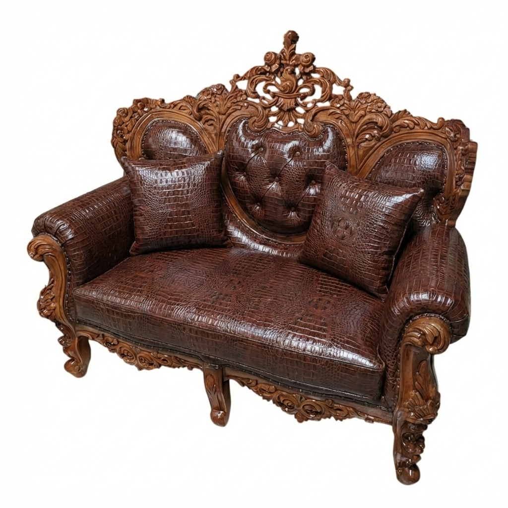 Bespoke Carved Teak Wood & Genuine Leather Sofa