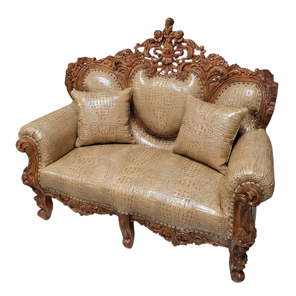 Bespoke Carved Teak Wood & Genuine Leather Sofa