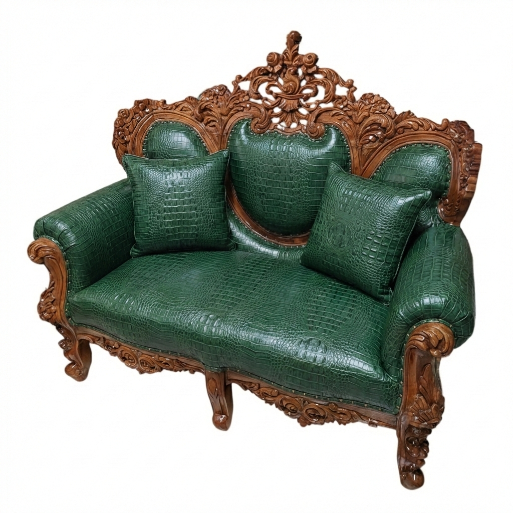 Bespoke Carved Teak Wood & Genuine Leather Sofa