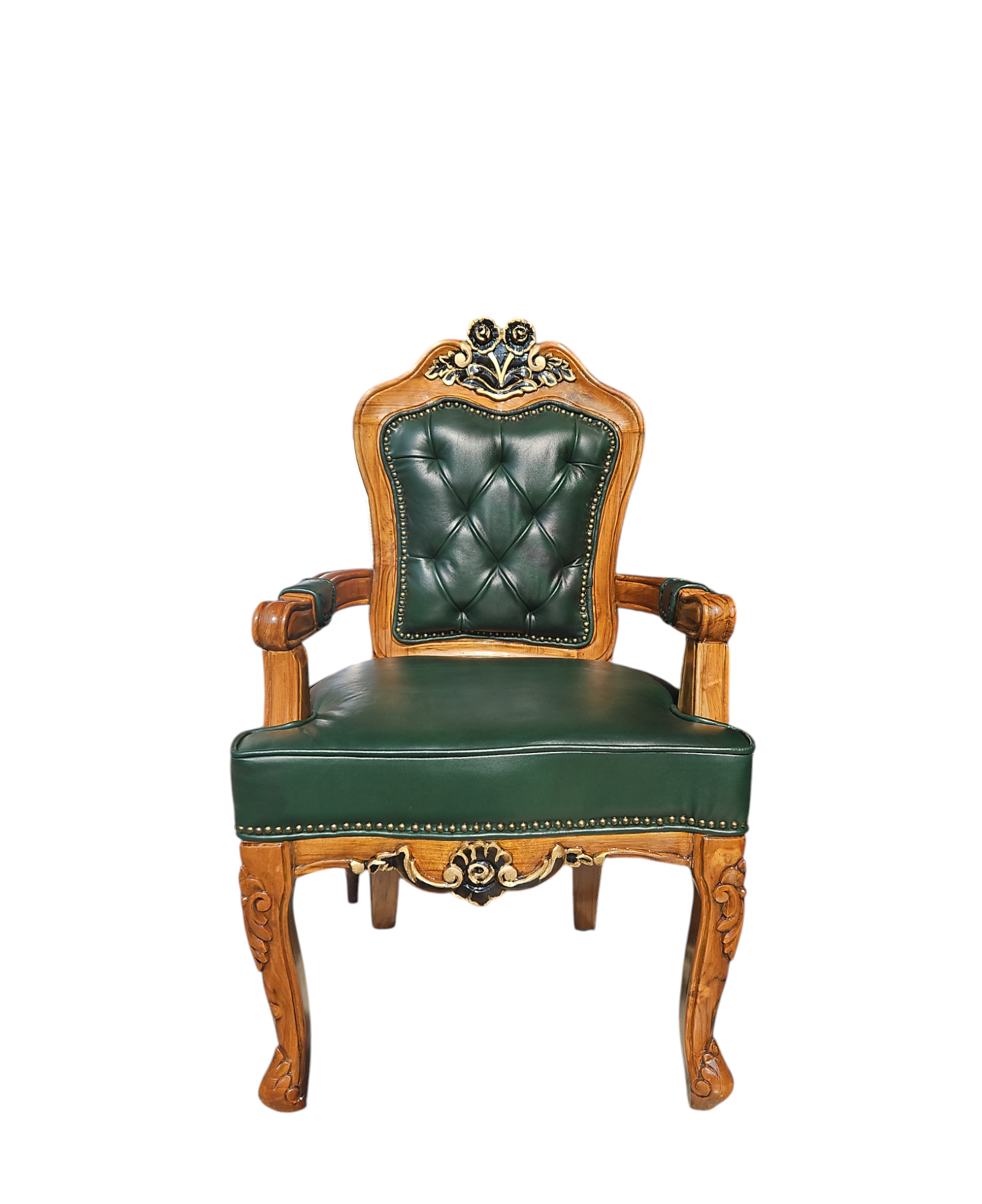 Bespoke Carved Teak Tufted Accent Armchair