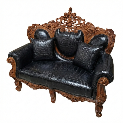 Bespoke Carved Teak Wood & Genuine Leather Sofa